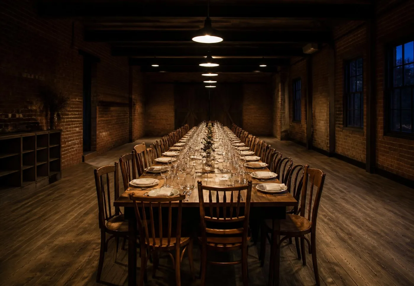 The back room set with one long timber table and mismatched chairs under warm pendants.