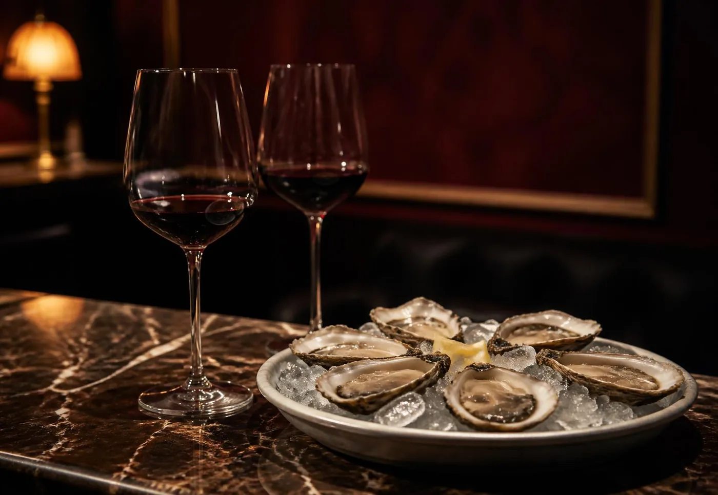 Two glasses of red wine beside a plate of freshly shucked oysters on ice, on a marble bar top lit by a small brass lamp.