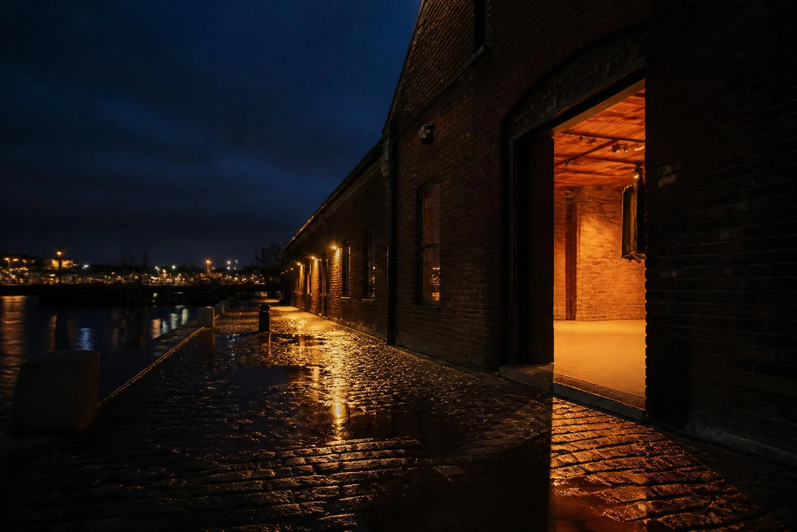Warm amber light spilling from the open brick doorway of an old wool store onto wet cobblestones at dusk, dark water and city lights to the left.