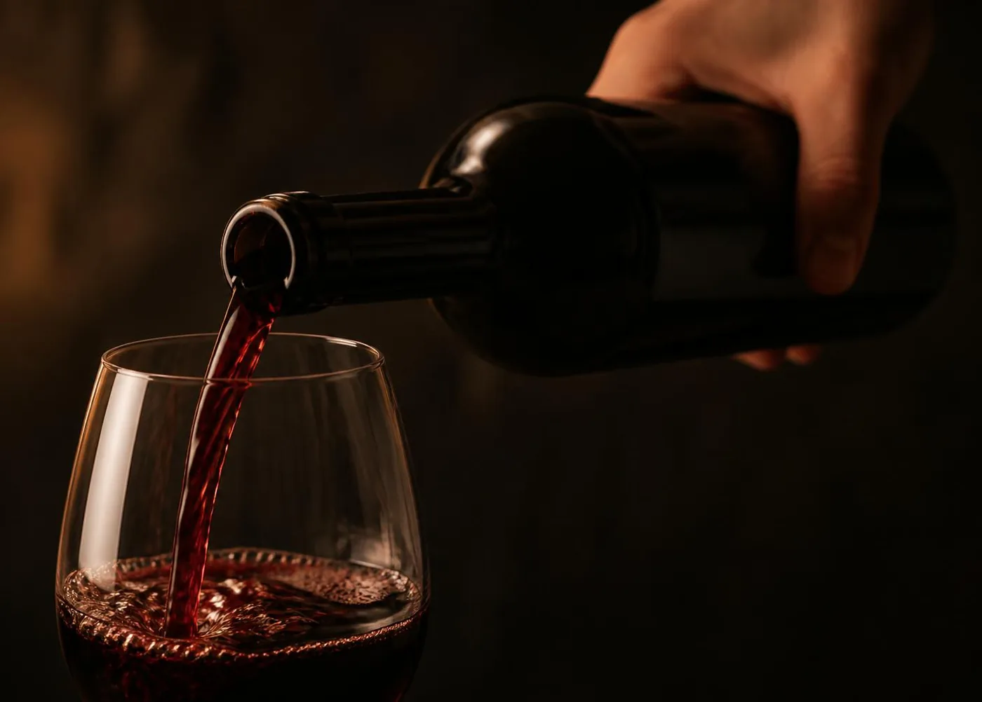 A hand tipping a dark unlabelled bottle, red wine falling into a glass.