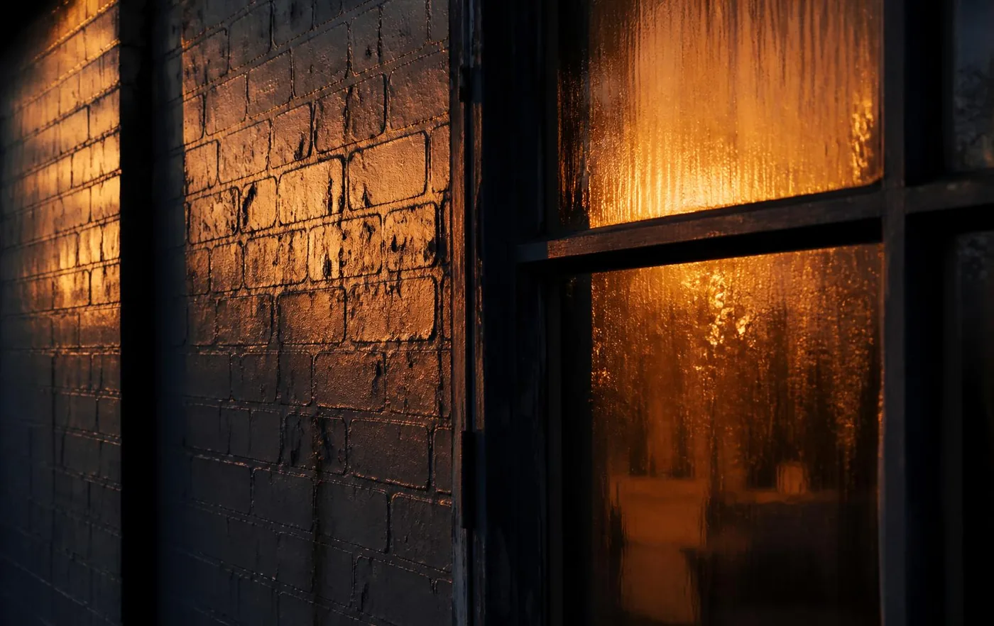 Late light through an arched window onto a bare brick wall inside the wool store.